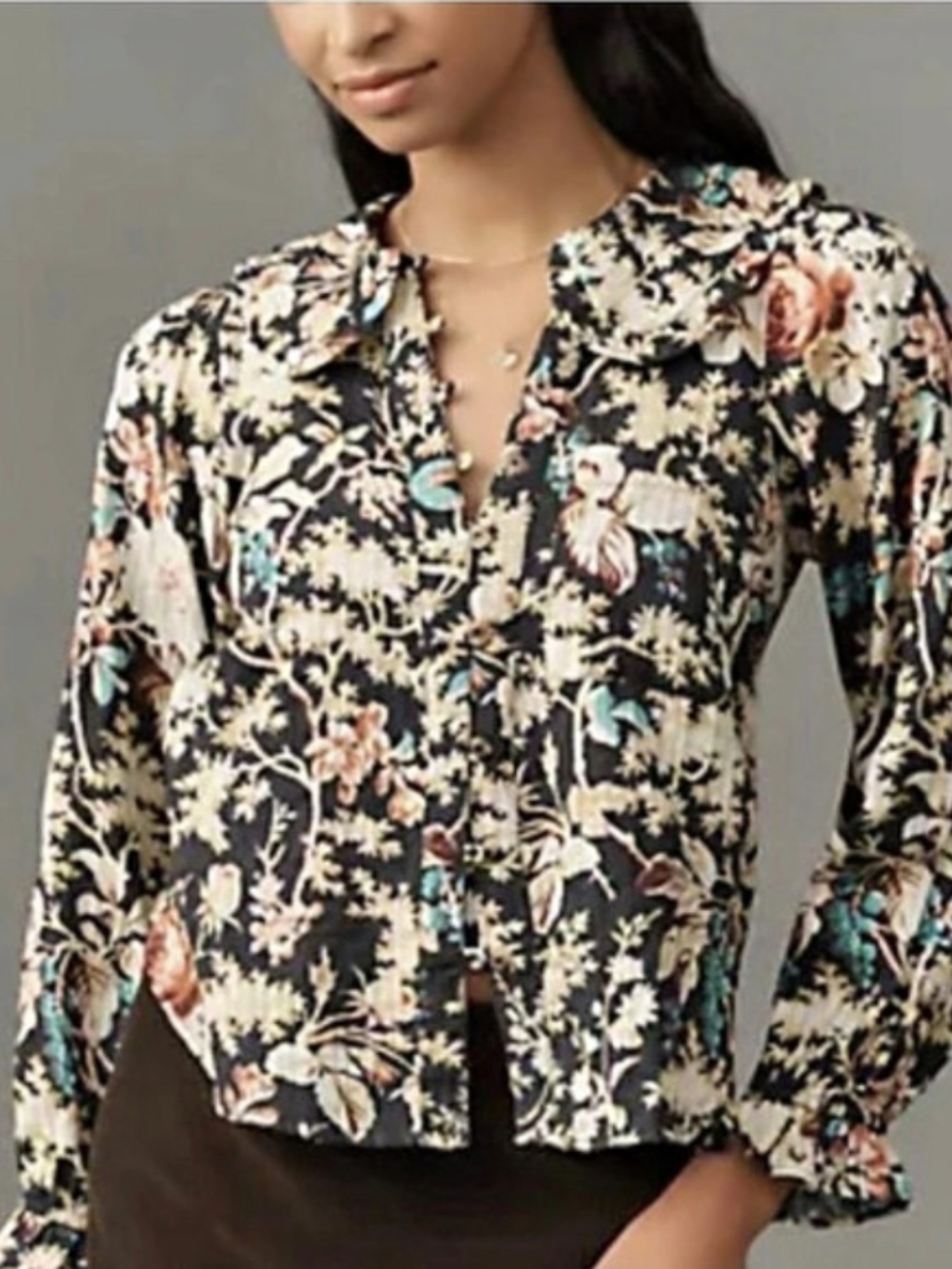 Pilcro Keira Floral Ruffle Collar Blouse Black Cotton L